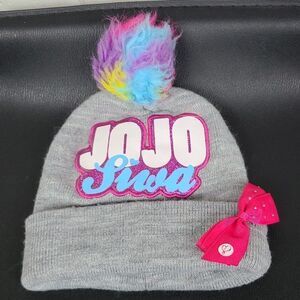 JoJo Siwa Beanie Hat Girls Gray Rainbow Pom Pom Glitter Bow Nickelodeon Y2K Cute